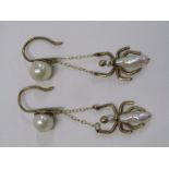 PAIR OF YELLOW METAL, tests gold Ant drop earrings, set with baroque and cultured pearl