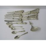 CONTINENTAL SILVER CADDY SPOON, also set of 6 pistol grip silver handled tea knives and other