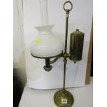 VINTAGE LIGHTING, brass circular base adjustable oil lamp with milk glass shade, 55cm height