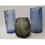 WHITEFRIARS STYLE GLASS, pair of textured blue glass cylindrical 27cm vases together with similar