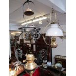 VINTAGE LIGHT FITTINGS, one brass hanging oil lamp with opaque glass shade, together with another