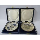 CHURCHILL CROWN silver dishes, pair of original cased silver surround circular dishes