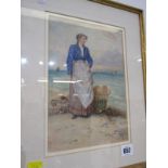 A. D. BASTIN, signed watercolour "Young Fish Wife on Beach", with gallery label and details to the