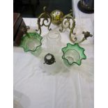 ANTIQUE LIGHT FITTINGS, Edwardian brass twin branch light fitting with pair of green crinoline glass