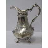 VICTORIAN SILVER MILK JUG, octagonal facetted form with engraved decoration and scroll feet,