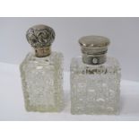 ANTIQUE CUT GLASS SCENT BOTTLES, 2 silver lidded square base scent bottles, London 1869 and