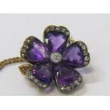 VINTAGE GOLD SET AMETHYST & DIAMOND FLOWER BROOCH, central old cut diamond surrounded by 5 well