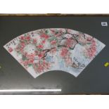 ORIENTAL WATERCOLOUR, signed fan shaped watercolour "Riverscape with Cherry Blossom", 17cm x 52cm