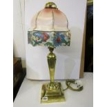 VINTAGE LIGHTING, brass square base table lamp with Art Deco floral decorated octagonal milk glass