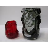 WHITEFRIARS, smokey knobbly design 22cm vase and similar ruby glass, 13cm vase