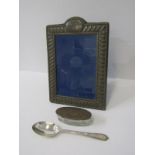 SILVER PLATE RECTANGULAR EASEL PHOTO FRAME, dated 1889, also silver Christening spoon and silver