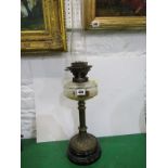ANTIQUE OIL LAMP, late Victorian brass column cut glass reservoir oil lamp