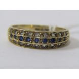 9ct YELLOW GOLD BLUE & WHITE STONE ETERNITY STYLE RING, size P