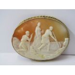 VINTAGE 9ct GOLD SHELL CAMEO BROOCH, depicting 3 figures