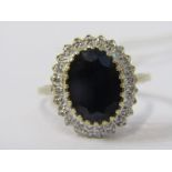 9ct YELLOW GOLD SAPPHIRE & DIAMOND PRINCESS DIANA STYLE RING, size V