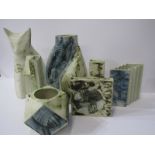 CARN POTTERY, tube lined seated cat, 2 chimney vases & 3 other pieces by Carn pottery