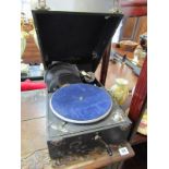 PORTABLE GRAMOPHONE, Columbia blue fibre and chrome detail portable gramophone, together with