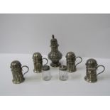 SET OF 4 SILVER PEPPERETTES, fluted cylindrical design, London 1890; also Georgian embossed floral