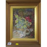 VINCENT CLARE, signed oil on board, "Still Life - Basket of Primroses, Birds Nest and Mossy Bank",
