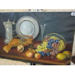 TH. SCHIONB, signed oil on canvas dated 1914, "Still Life - Pewter Tankard, Lobster and Fruit", 51cm