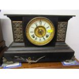 EDWARDIAN MANTEL CLOCK, enamelled mantel clock with gilt detailed clock face and key, 41cm width