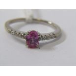 18ct WHITE GOLD PINK SAPPHIRE & DIAMOND RING, principal oval cut pink sapphire with accent