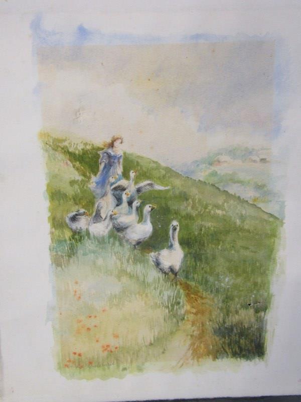 WILLIAM KAY BLACKLOCK, signed watercolour "The Goose Girl", 28cm x 18cm