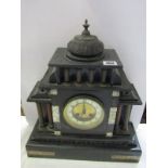 ANTIQUE MANTEL CLOCK, inlaid black marble architectual design mantel clock with presentation