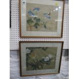 ORIENTAL ART, pair of Japanese paintings on silk, Bird and Butterly Blossom compositions, both