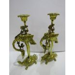 EASTERN METALWARE, pair of Chinese brass candlesticks depicting Herons on Turtle bases, 22cm height