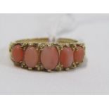 9ct YELLOW GOLD 5 STONE CORAL RING, size Q