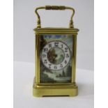 CARRIAGE CLOCK, attractive topographical painted panelled carriage clock with coiled bar strike,