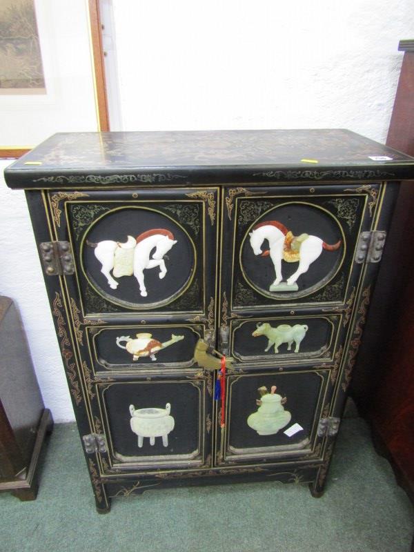 ORIENTAL CABINET, attractive cabinet decorated with stone carved panels of sculptures and vessels,