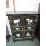 ORIENTAL CABINET, attractive cabinet decorated with stone carved panels of sculptures and vessels,