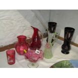 CRANBERRY GLASS, crinoline edge cream dish, jug, also pair of ruby case vases & 3 other pieces of