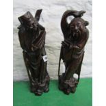 ORIENTAL CARVINGS, pair of Chinese carved cherry root deity figures with brass wire inlay, 36cm's