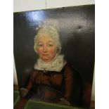 LATE GEORGIAN PORTRAIT, oil on canvas signed J.K. 1815, "Portrait of Lady with Lace Bonnet", 36cm