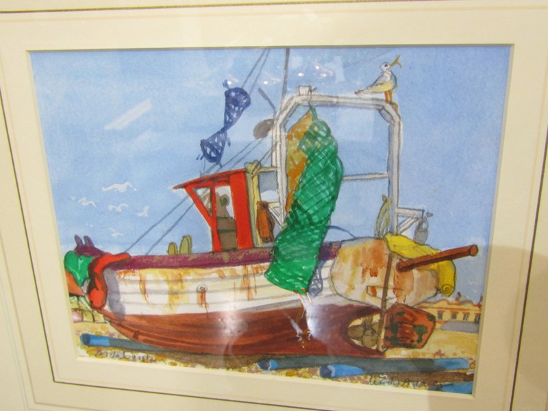 LINDY ALFREY, pair of signed watercolours "Aldeburgh Fishing Boats", 14cm x 19cm - Image 5 of 5