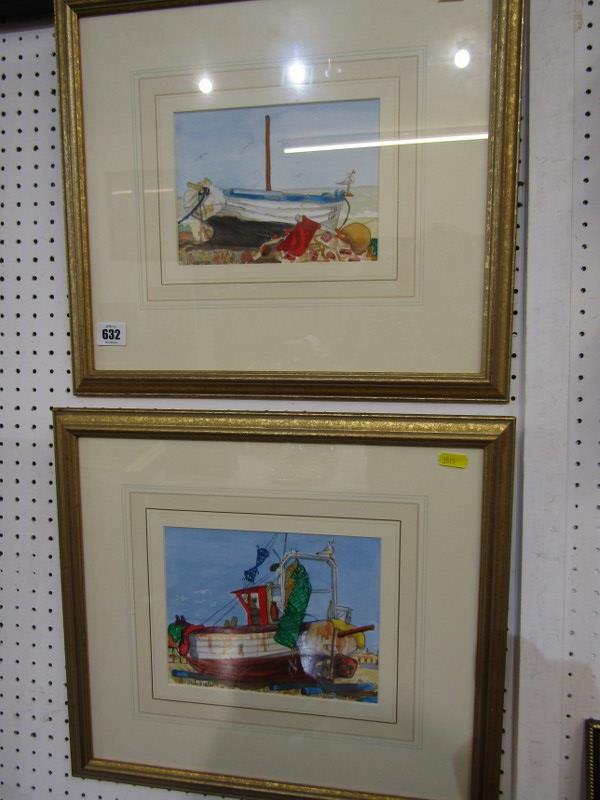 LINDY ALFREY, pair of signed watercolours "Aldeburgh Fishing Boats", 14cm x 19cm