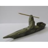 INUIT, group of Eskimo Hunter in kayak with hunt, signed "Thorn, Canada", 28cm length