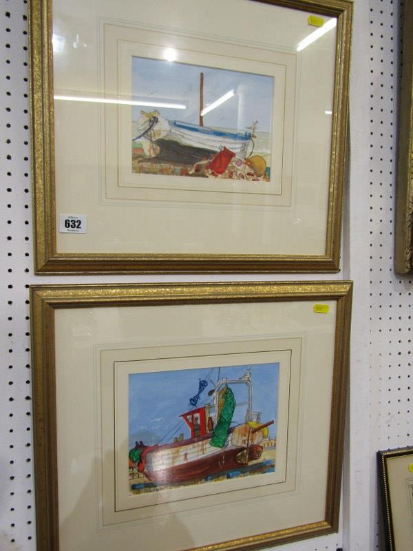 LINDY ALFREY, pair of signed watercolours "Aldeburgh Fishing Boats", 14cm x 19cm - Image 2 of 5