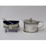 GEORGIAN SILVER OVAL BODIED LIDDED MUSTARD, Newcastle 1795, blue glass liner and early spoon,