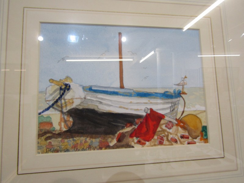 LINDY ALFREY, pair of signed watercolours "Aldeburgh Fishing Boats", 14cm x 19cm - Image 3 of 5