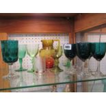 COLOURED GLASS WARE, collection of 8 various emerald wine glasses, amberina glass jug and 4 other