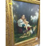 19th CENTURY SCHOOL OIL ON BOARD, indistinctly signed "Landscape with portrait group of Young
