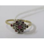 9ct YELLOW GOLD RUBY & DIAMOND CLUSTER RING, size N/O