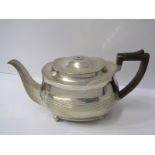GEORGE III SILVER RECTANGULAR SHAPED TEAPOT, carved fruitwood handle and reeded sides, London