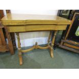 OAK CARD TABLE, folding top on twin pillar support and cross stretcher base, 94cm width