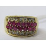 9ct YELLOW GOLD RUBY & DIAMOND ETERNITY CLUSTER STYLE RING, approx. 5.3 grams