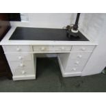PAINTED KNEEHOLE DESK, twin pedestal desk of 9 white painted drawers, 120cm width